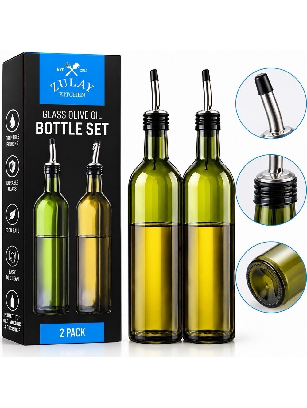 💙 Zulay Kitchen Glass Olive Oil Dispenser Bottle Set – 2 Pack Pour Spouts